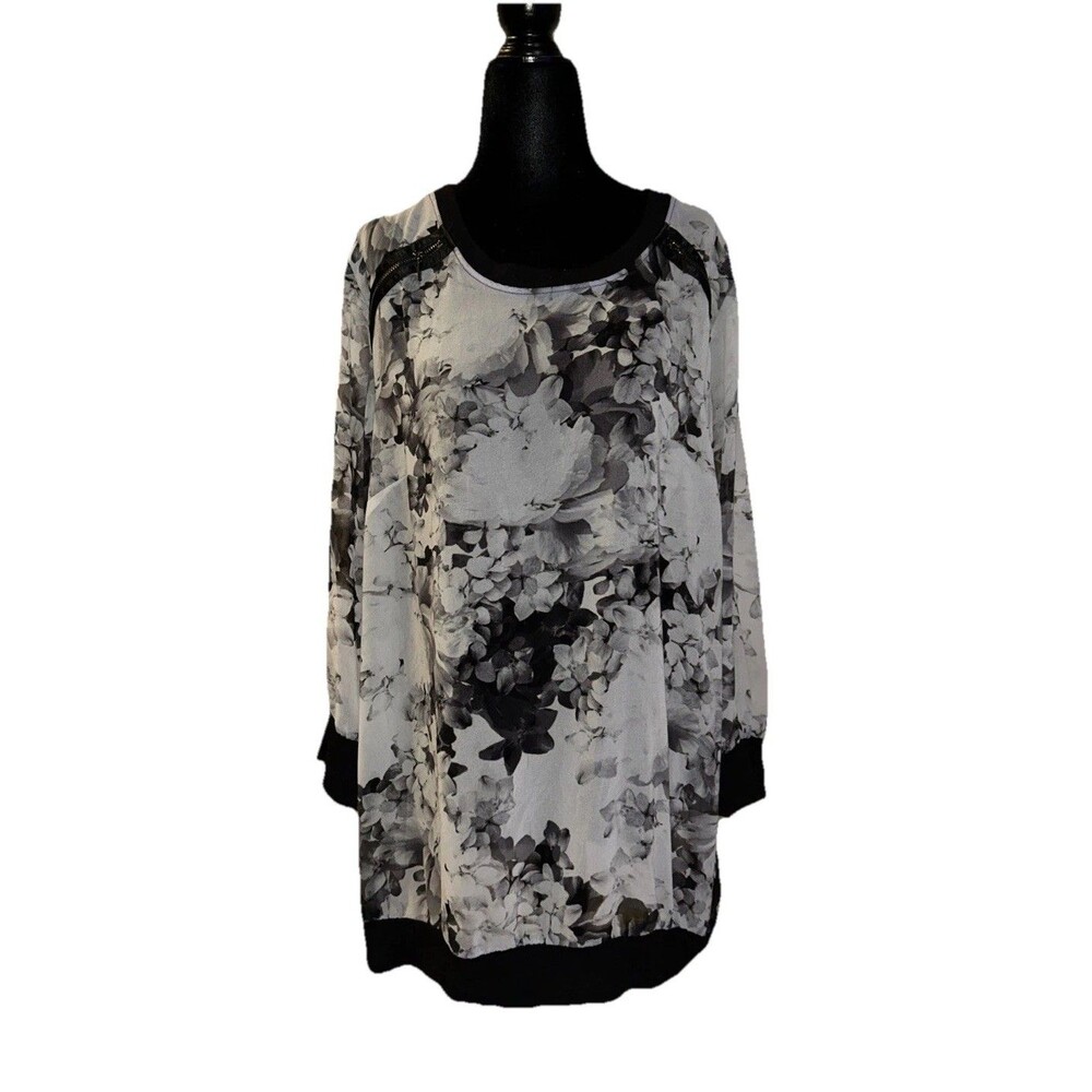 Lane Bryant 100% Polyester Sheer 18/20 Long Sleeve Tunic Black & White Blouse